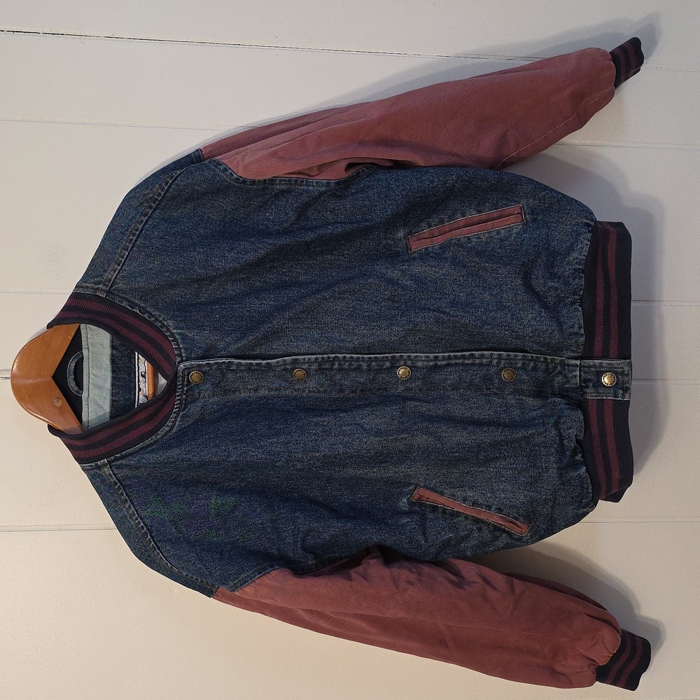 Bad Lands Denim Varsity Vintage Jacket Denim & Faded Red Canvas Mens Unisex M